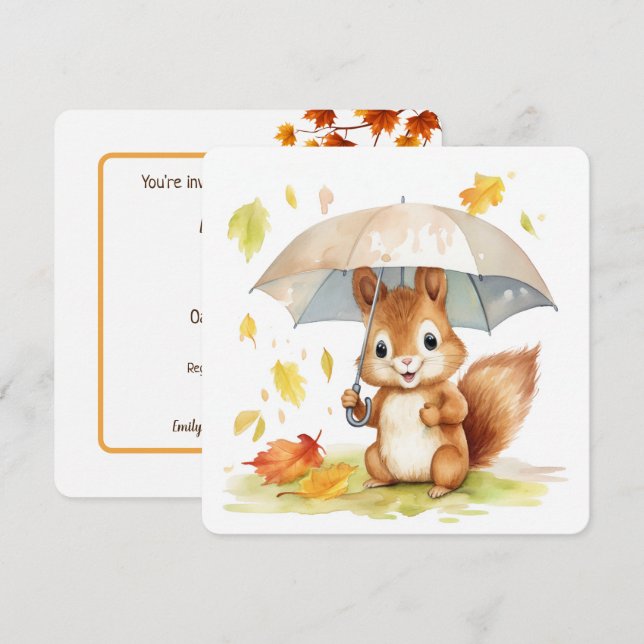 Invitación Watercolor Autumn Squirrel Baby Shower (Anverso / Reverso)