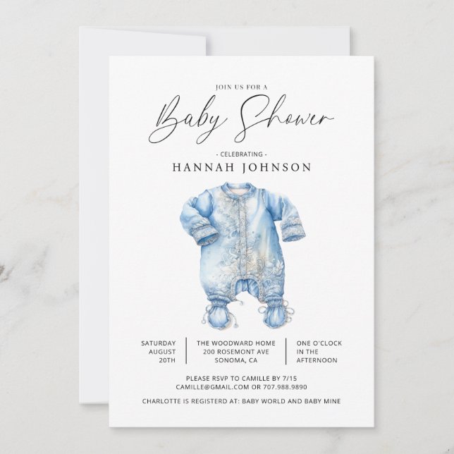 Invitación Watercolor Azul Bebé Ropa de niño Ducha (Anverso)