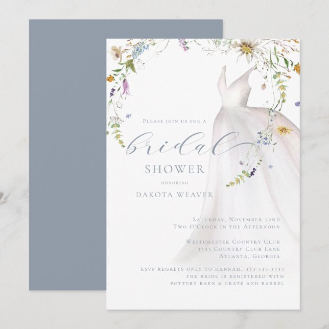 Invitación Watercolor Azul Floral Boda Vestido Británico Duch (Anverso / Reverso)