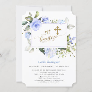 Invitación Watercolor Azul Floral Frame Cruz de oro Mi Bautiz