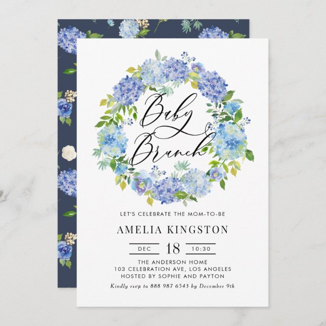 Invitación Watercolor Azul Hidrangea Wreath Baby Brunch (Anverso / Reverso)