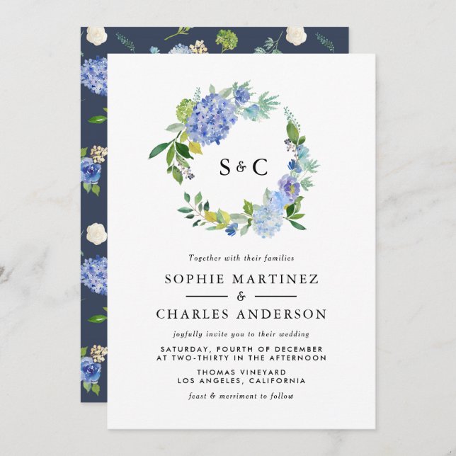 Invitación Watercolor Azul Hidrangea Wreath Boda (Anverso / Reverso)