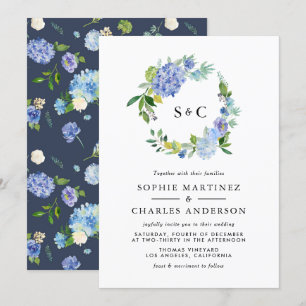Invitación Watercolor Azul Hidrangea Wreath Boda