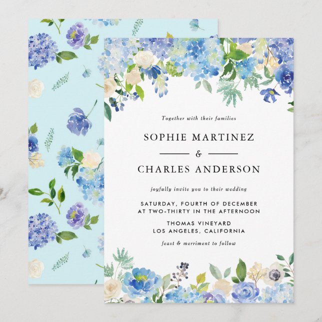 Invitación Watercolor Azul Hydrangea Boda de Garland Floral (Anverso / Reverso)