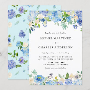 Invitación Watercolor Azul Hydrangea Boda de Garland Floral