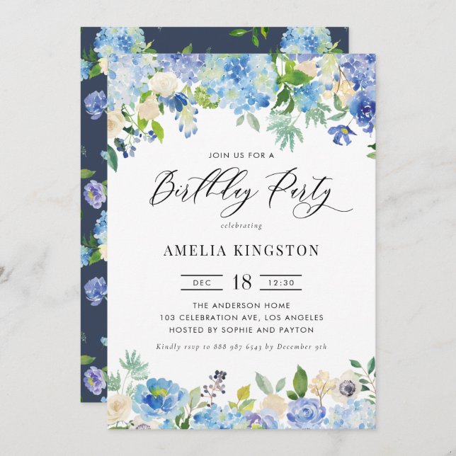 Invitación Watercolor Azul Hydrangea Fiesta de cumpleaños flo (Anverso / Reverso)