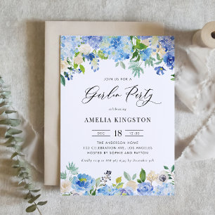 Invitación Watercolor Azul Hydrangea Fiesta de jardín floral