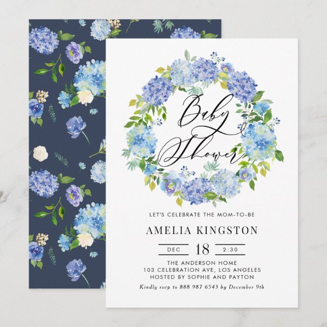 Invitación Watercolor Azul Hydrangea Wreath Baby Shower (Anverso / Reverso)