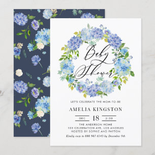 Invitación Watercolor Azul Hydrangea Wreath Baby Shower
