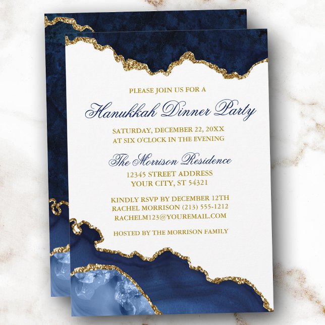 Invitación Watercolor Azul Mármol Geode Gold Hanukkah Dinner (Customize to change text size, text color, text style or to add more text to back of card.)