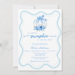 Invitación Watercolor Azul Pequeño Calabaza Bow Baby Shower