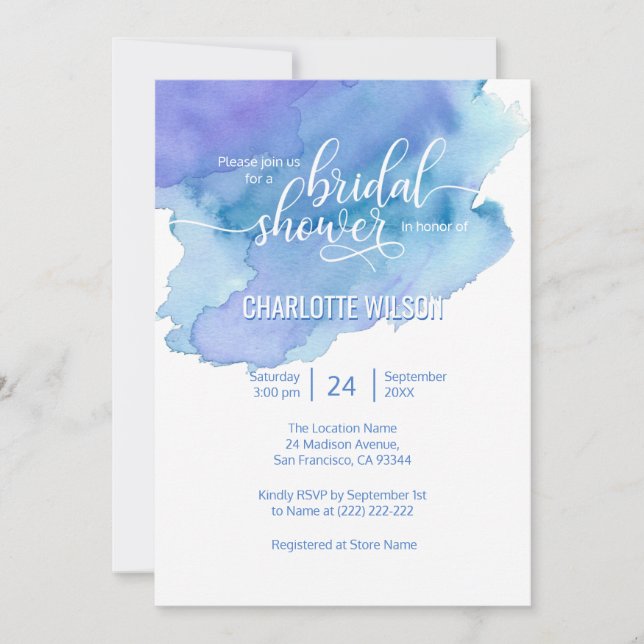 Invitación Watercolor Azul Púrpura Boda Británica (Anverso)