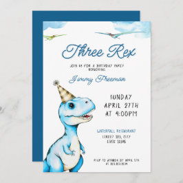Invitación Watercolor Azul Tres Rex Dinosaurios Cumpleaños