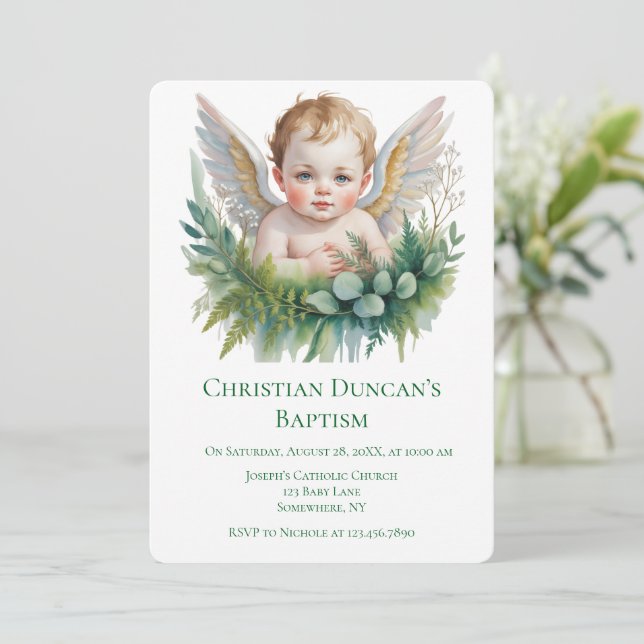 Invitación Watercolor Baby Angel Feather Wings Baptism  (Anverso de pie)