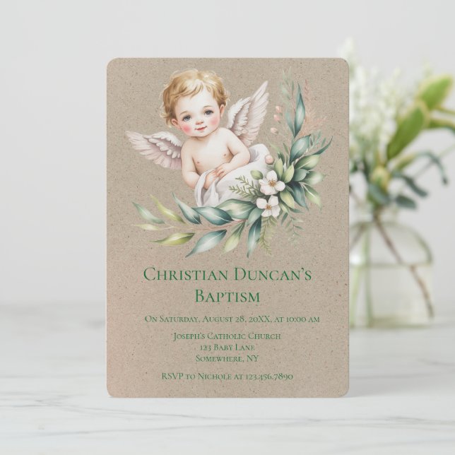 Invitación Watercolor Baby Angel Feather Wings Baptism  (Anverso de pie)