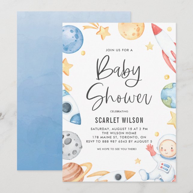 Invitación Watercolor Baby Astronaut Space Theme Baby Shower (Anverso / Reverso)