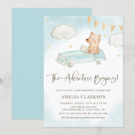Invitación Watercolor Baby Bear Vintage Car Blue Baby Shower
