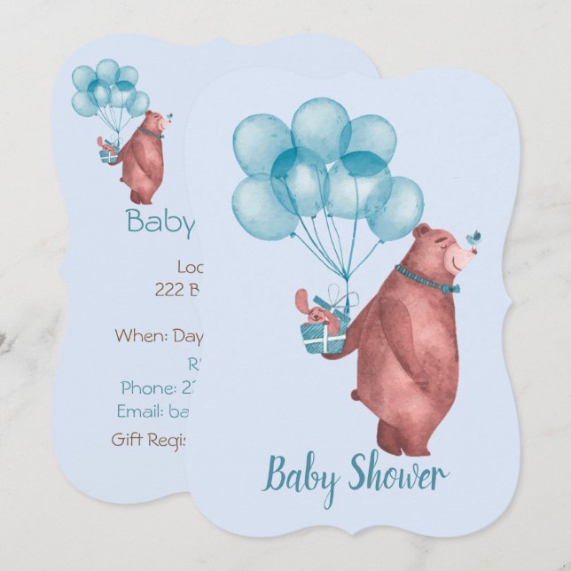 Invitación Watercolor Baby Boy Bear Balloons (Anverso / Reverso)