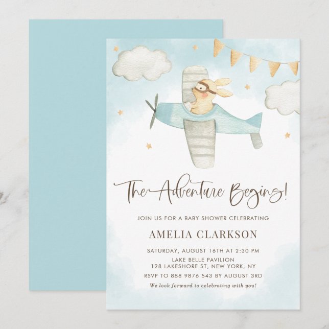 Invitación Watercolor Baby Bunny Airplane Blue Baby Shower (Anverso / Reverso)