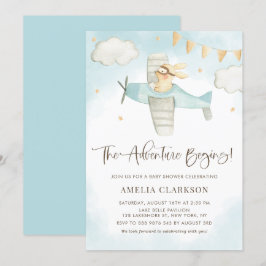 Invitación Watercolor Baby Bunny Airplane Blue Baby Shower