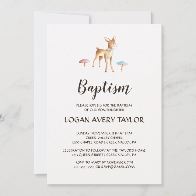 Invitación Watercolor Baby Deer con bautismo hongo (Anverso)