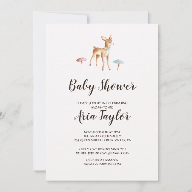 Invitación Watercolor Baby Deer con hongos Baby Shower (Anverso)