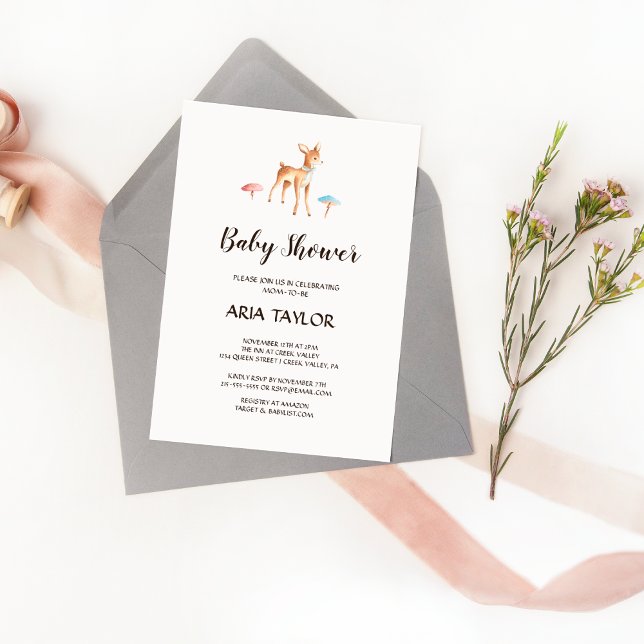 Invitación Watercolor Baby Deer con Mushroom Baby Shower (Subido por el creador)