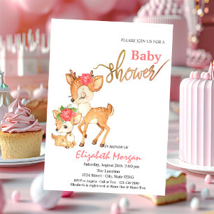 Invitación Watercolor Baby Deer Flowers Pink Baby Shower