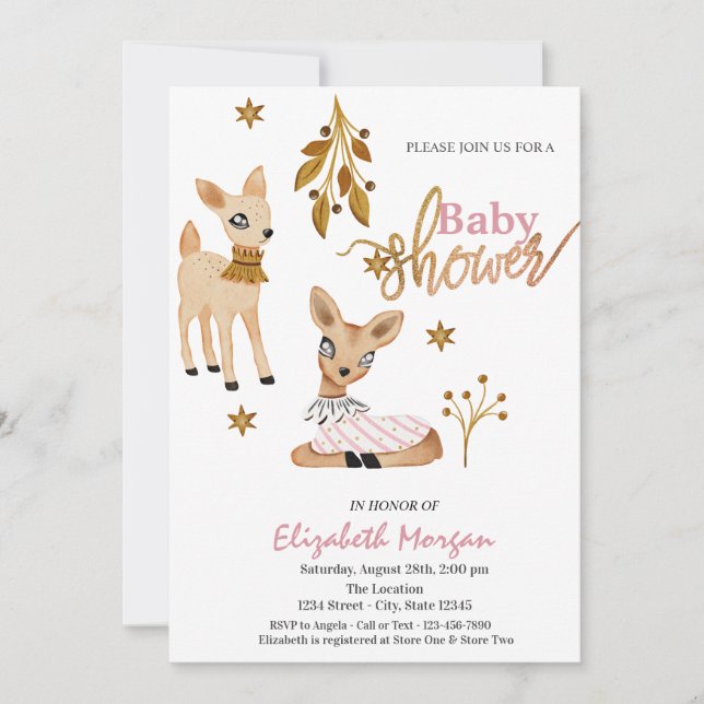 Invitación Watercolor Baby Deer Pink Baby Shower (Anverso)