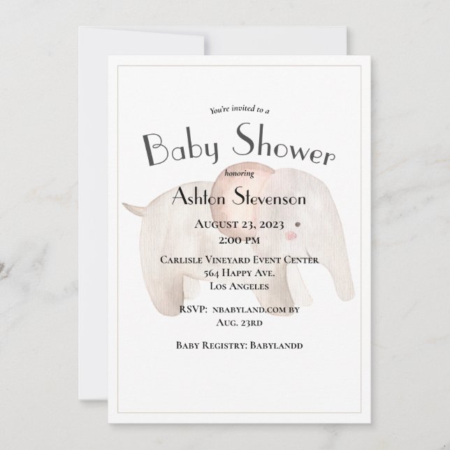 Invitación Watercolor Baby Elephant Simple Baby Shower (Anverso)