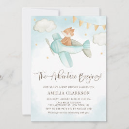 Invitación Watercolor Baby Fox Airplane Blue Baby Shower