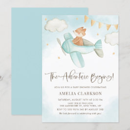 Invitación Watercolor Baby Fox Airplane Blue Baby Shower