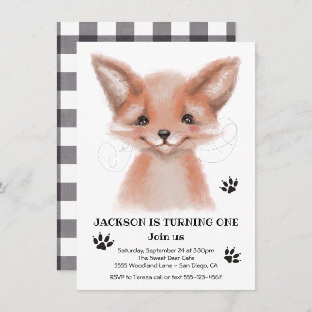 Invitación Watercolor Baby Fox Birday Party (Anverso / Reverso)