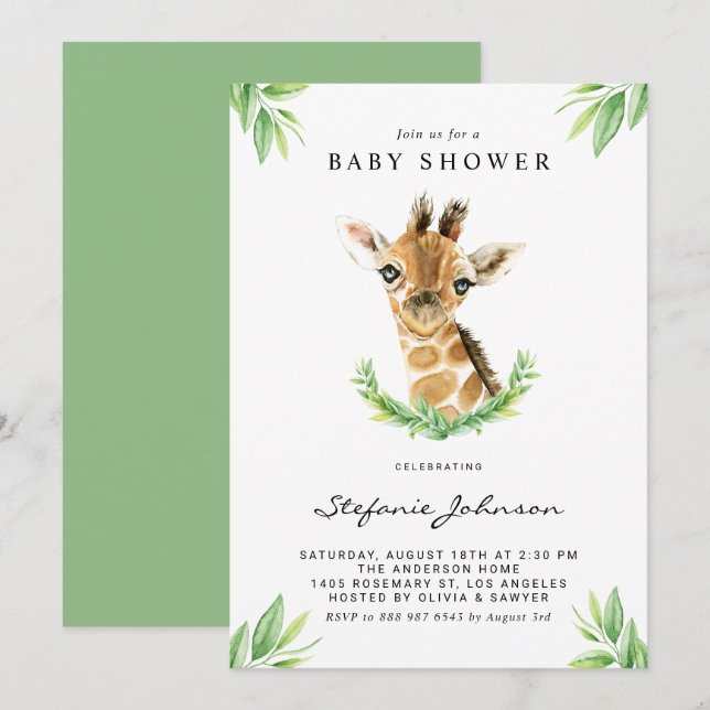 Invitación Watercolor Baby Giraffe Greenerenery Baby Shower (Anverso / Reverso)
