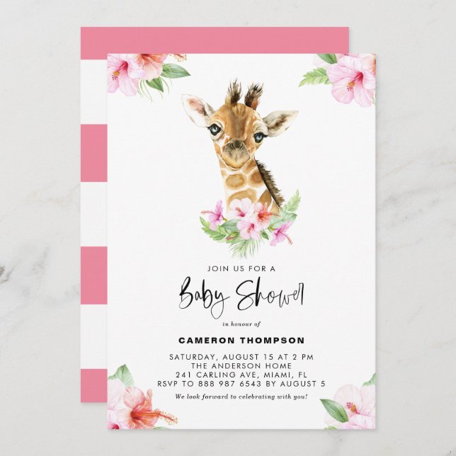 Invitación Watercolor Baby Giraffe Rosa Hibiscus Baby Shower (Anverso / Reverso)