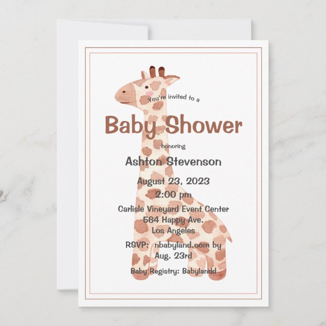 Invitación Watercolor Baby Giraffe Simple Baby Shower (Anverso)