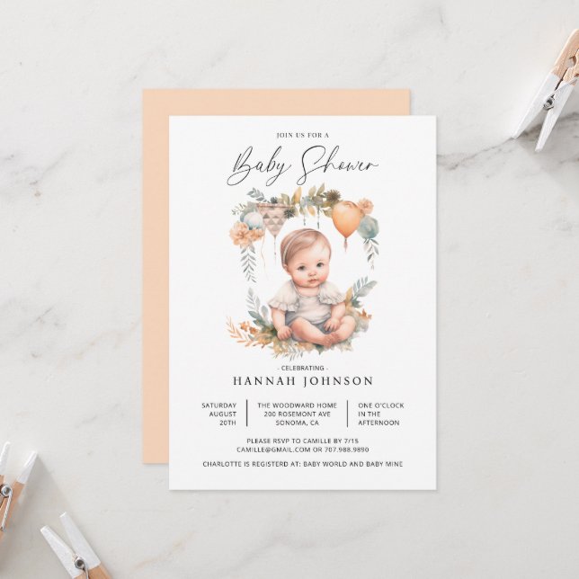 Invitación Watercolor Baby Girl Baby Shower (Anverso/Reverso In Situ)