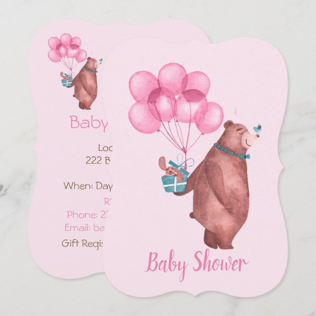 Invitación Watercolor Baby Girl Bear Balloons Invitation (Anverso / Reverso)