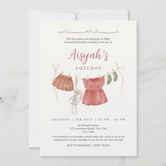 Invitación Watercolor Baby Girl Clothesline Aqeeqah (Anverso)
