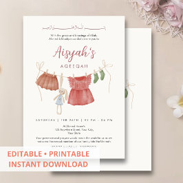 Invitación Watercolor Baby Girl Clothesline Aqeeqah