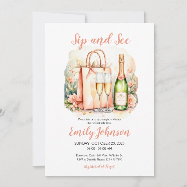 Invitación Watercolor Baby Girl Sip and See (Anverso)