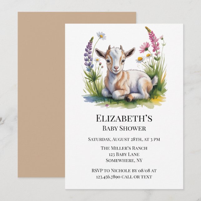Invitación Watercolor Baby Goat with Wildflowers Baby Shower (Anverso / Reverso)