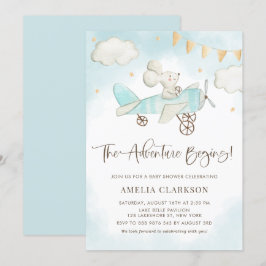 Invitación Watercolor Baby Mouse Airplane Blue Baby Shower