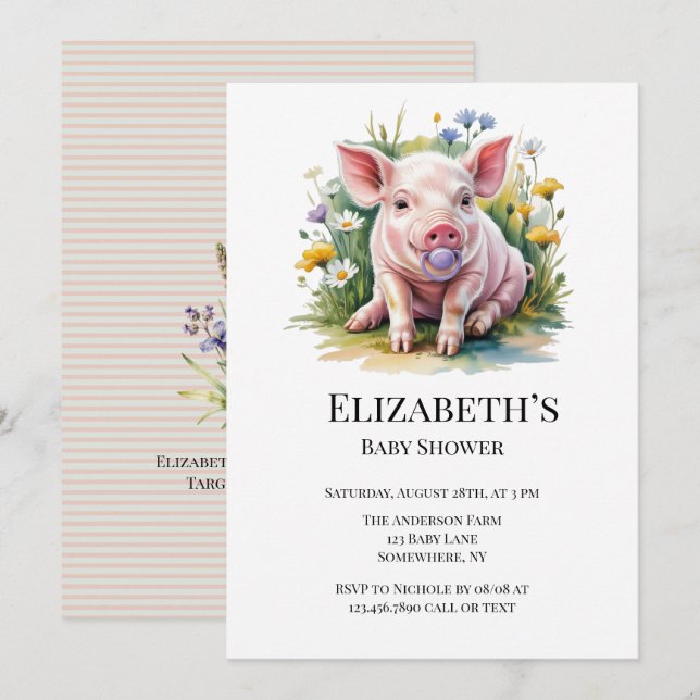 Invitación Watercolor Baby Pig Wildflowers Baby Shower (Anverso / Reverso)