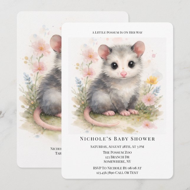 Invitación Watercolor Baby Possum Baby Shower  (Anverso / Reverso)