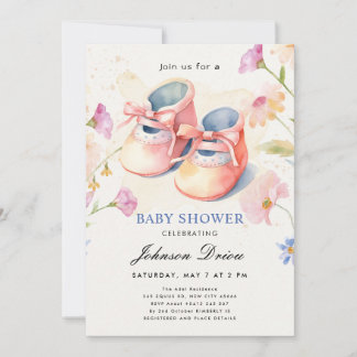 Invitación Watercolor Baby Shoes Theme | Neutral Baby Shower