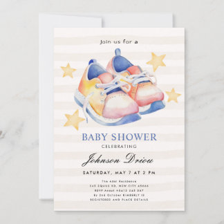 Invitación Watercolor Baby Shoes Theme | Neutral Baby Shower