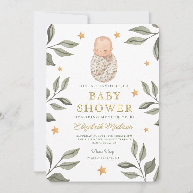 Invitación Watercolor Baby Stars Greenery Baby Shower (Anverso)