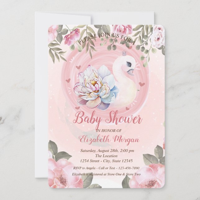 Invitación Watercolor Baby Swan Floral Baby Shower (Anverso)