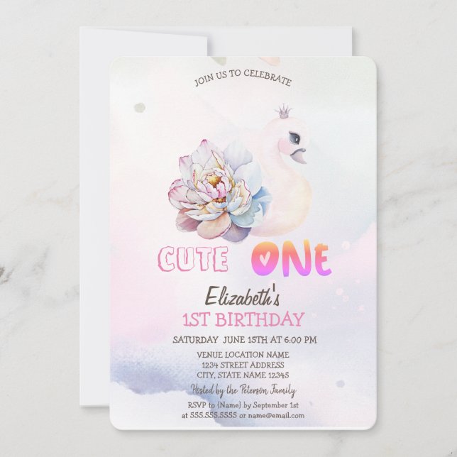 Invitación Watercolor Baby Swan Flower 1ª (Anverso)